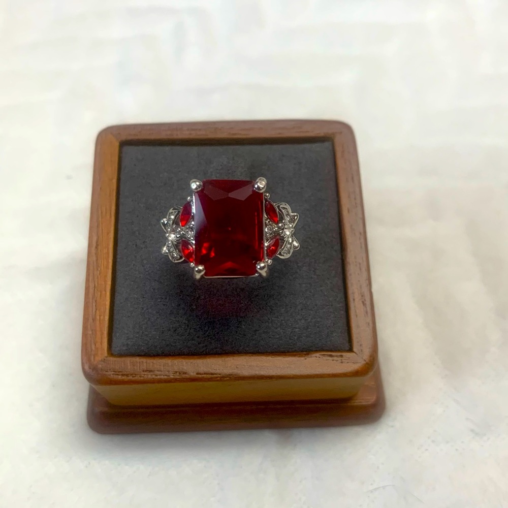 Rhinestone Red Ruby Sterling Silver Plated Accent Ring